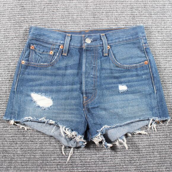 Levi’s 501 Premium Shorts Womens W24 Blue Button Fly Raw Hem Distressed - Picture 1 of 7